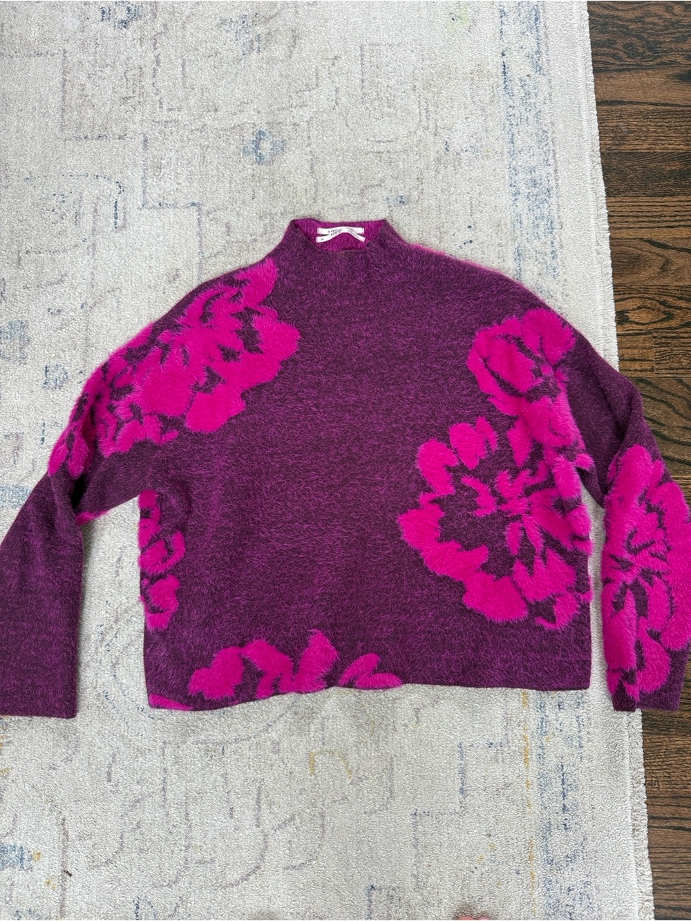 Anthropologie Fuzzy Purple and Hot Pink Floral Turtleneck Sweater